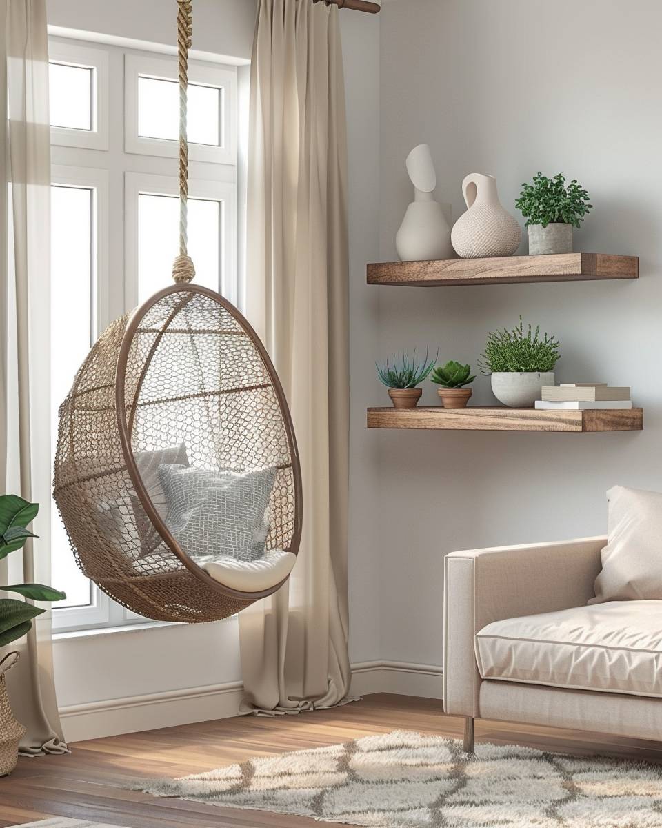 Ideen: Hängesessel im Wohnzimmer- Nutze Wandregale für dezente Dekoration