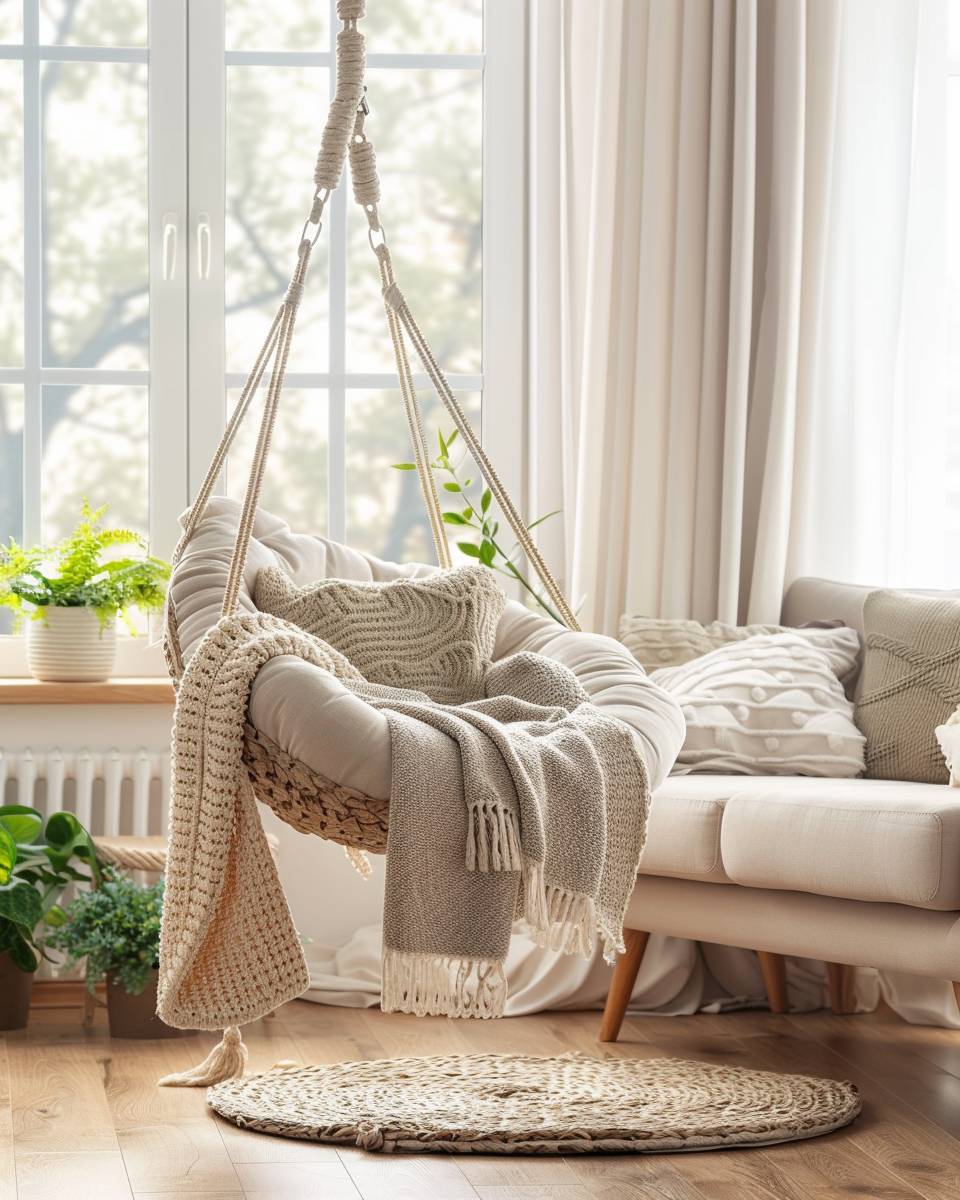 Ideen: Hängesessel im Wohnzimmer- Platziere kuschelige Decken für Hygge-Gefühl