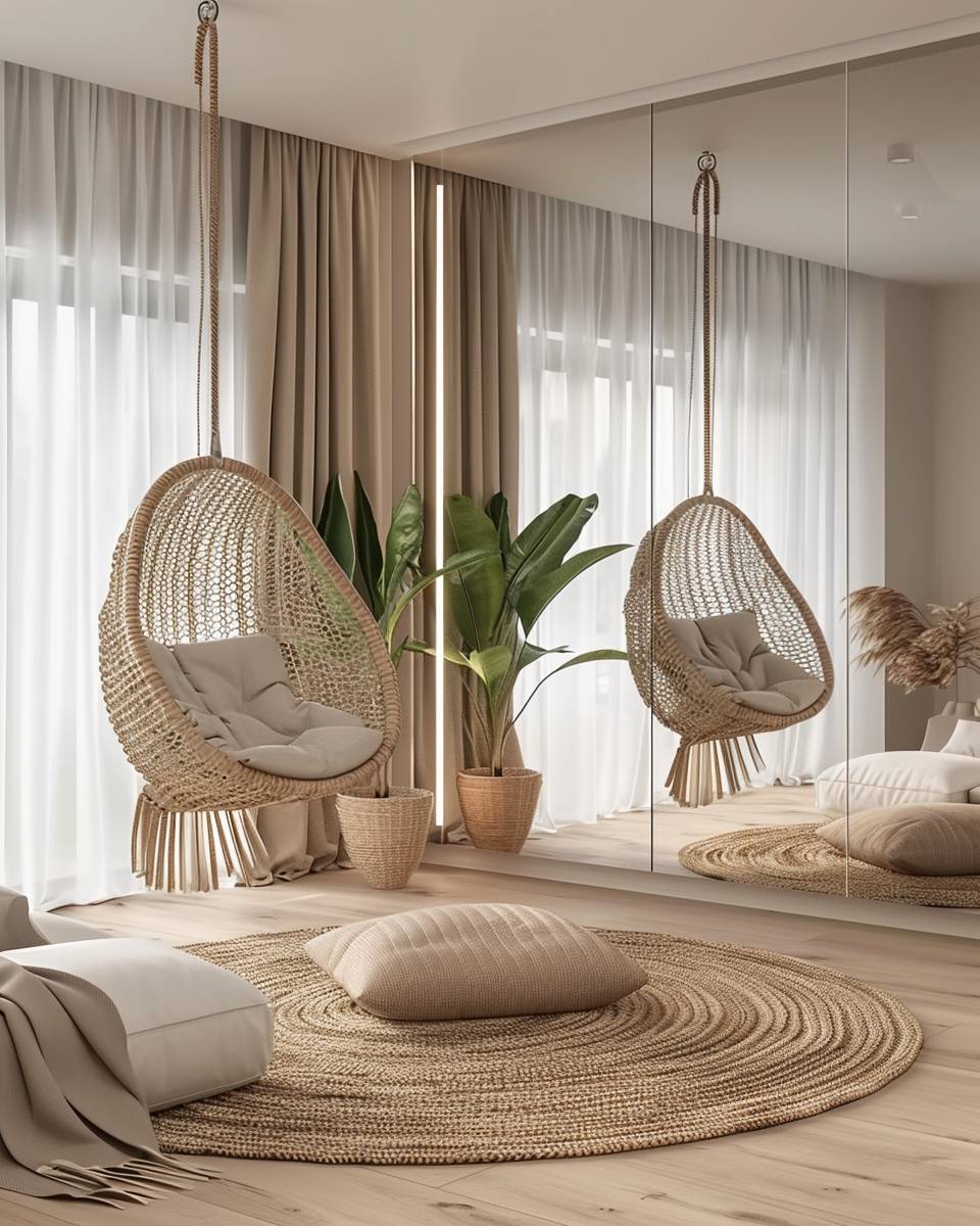 Ideen: Hängesessel im Wohnzimmer- Spiegle den Sessel in einem großen Wandspiegel