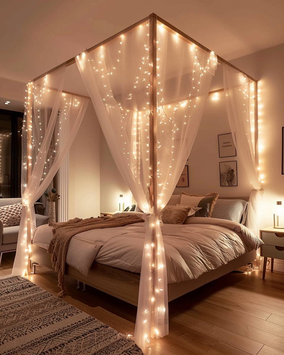 Ideen: Schlafzimmer mit Himmelbett- Betone die Betthimmelstangen mit Lichterketten