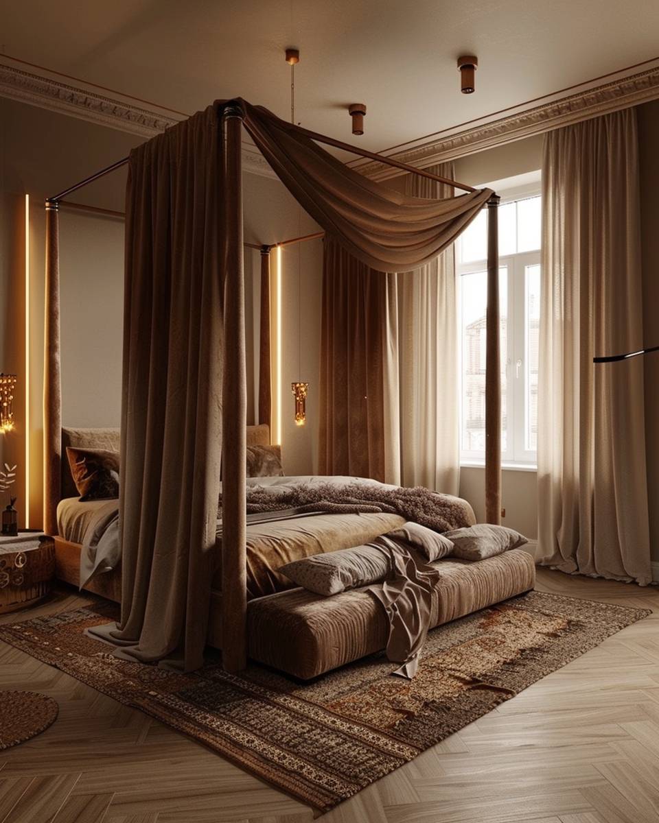 Ideen: Schlafzimmer mit Himmelbett- Leg unter das Bett weiche Teppiche