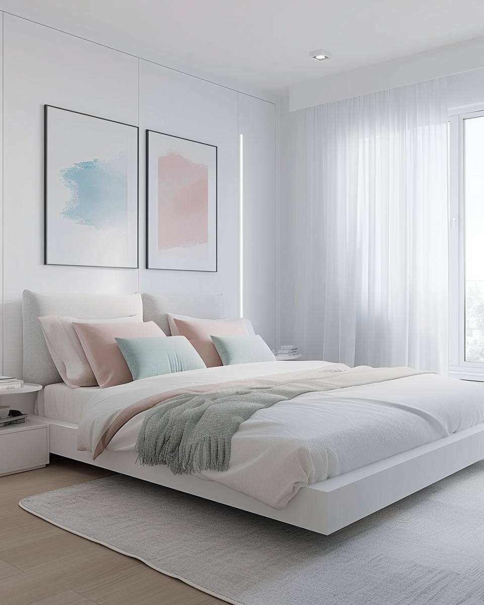 Ideen für Schlafzimmer in Pastellfarben- Beruhige den Look durch viel Weißraum
