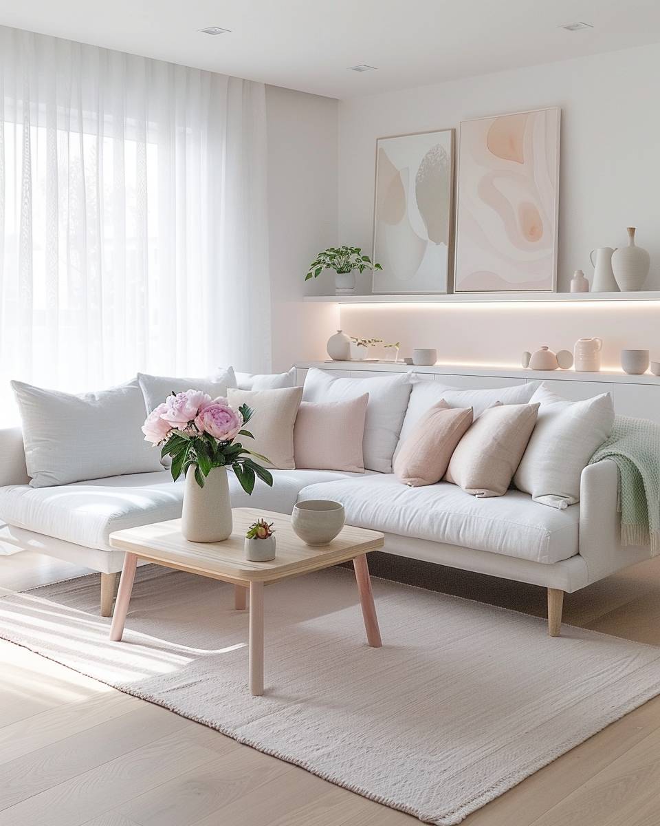 Ideen für Wohnzimmer in Pastellfarben- Brich Weiß mit rosigen Akzentkissen