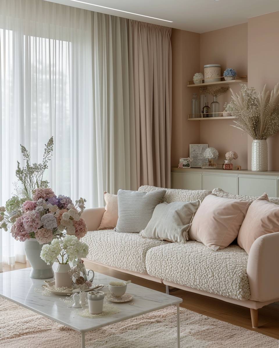 Ideen für Wohnzimmer in Pastellfarben- Dekoriere mit pastelligen Trockenblumenarrangements im Wohnzimmer