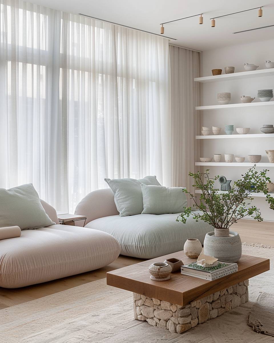 Ideen für Wohnzimmer in Pastellfarben- Hänge leichte Vorhänge in Pudertönen auf