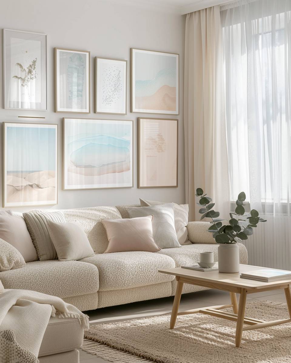 Ideen für Wohnzimmer in Pastellfarben- Ordne Wandbilder in sanften Farbverläufen