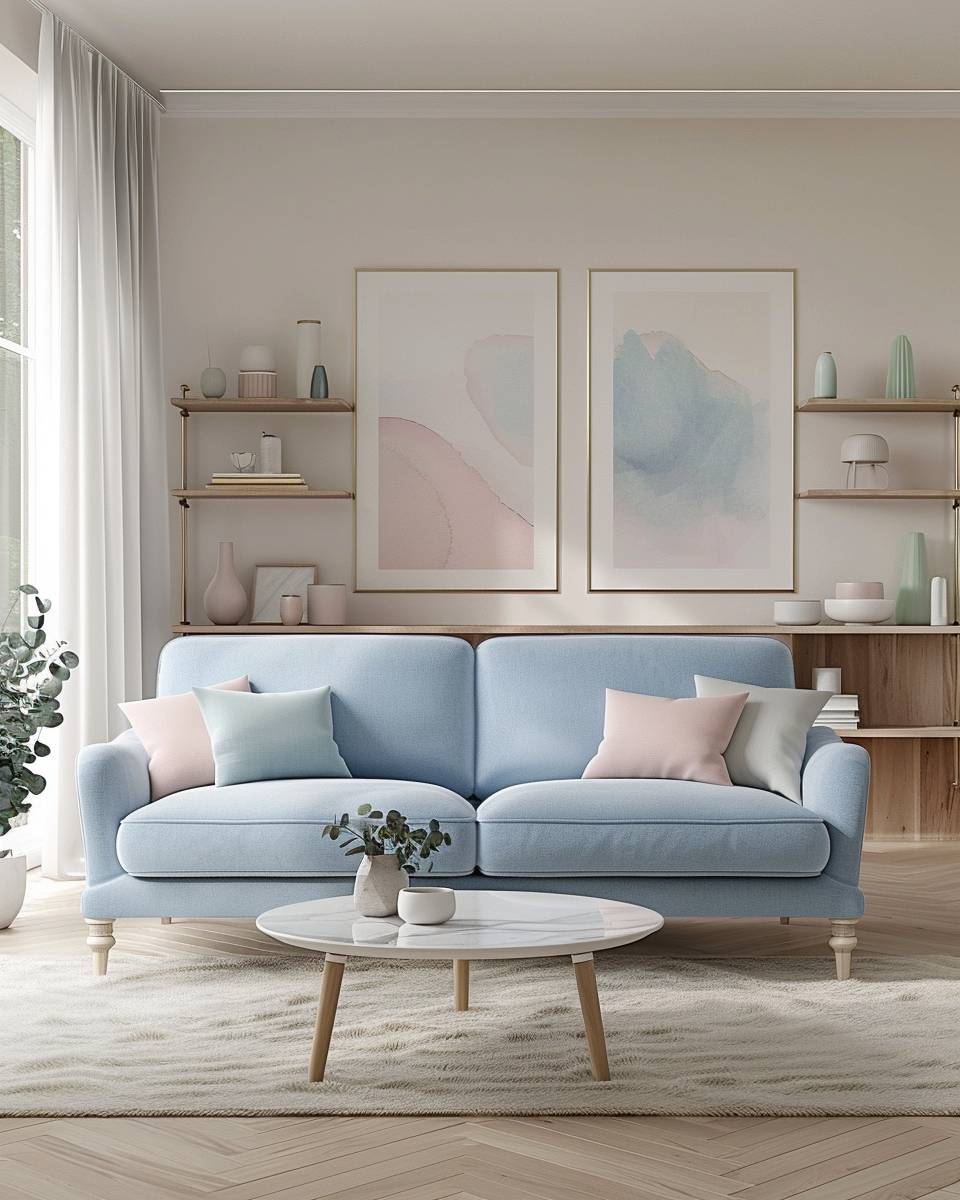 Ideen für Wohnzimmer in Pastellfarben- Setze ein pastellblaues Sofa als Statement