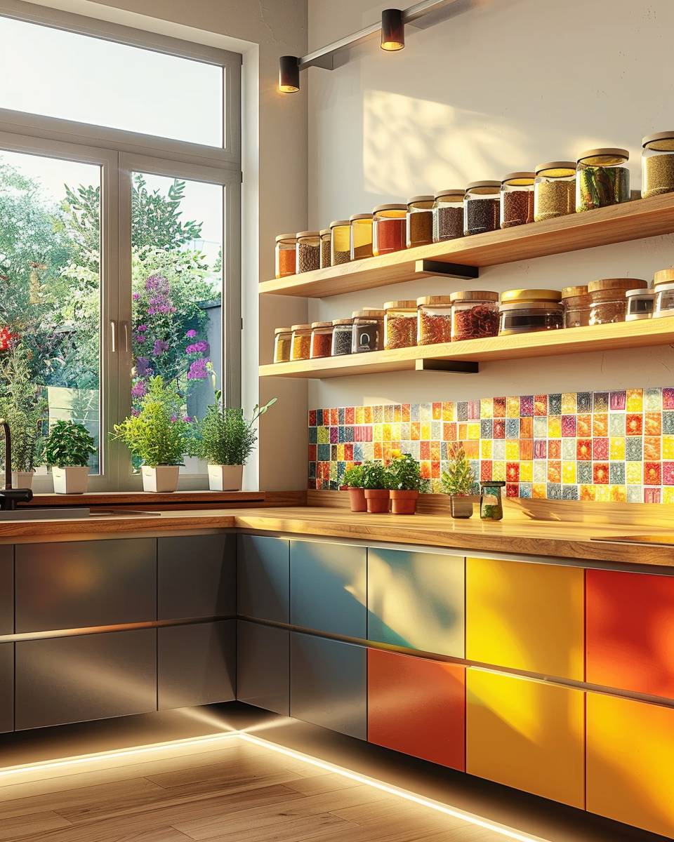 Ideen für farbenfrohe Küchen- Präsentiere Gewürze in bunten Gläsern