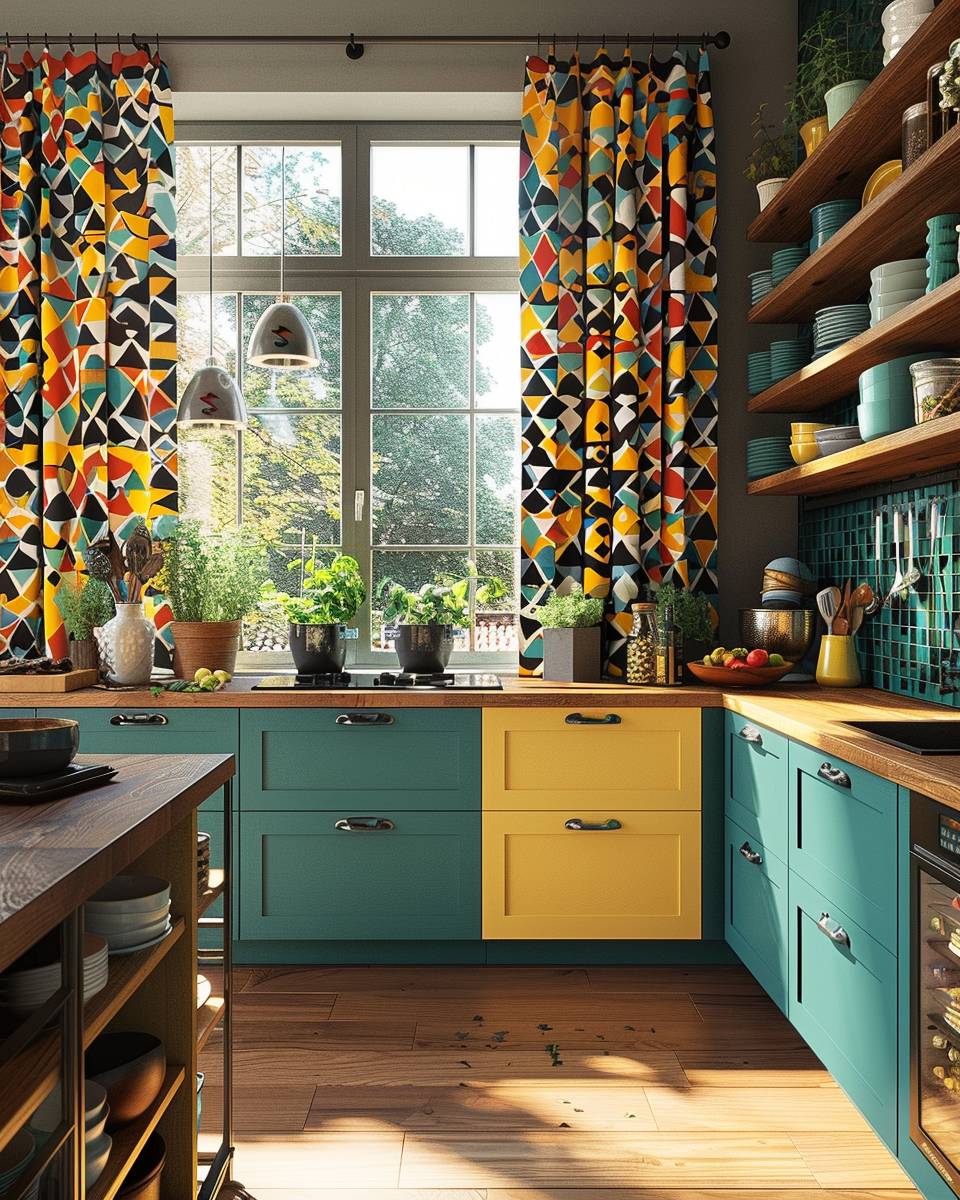 Ideen für farbenfrohe Küchen- Setze auf gemusterte Vorhänge für das Fenster