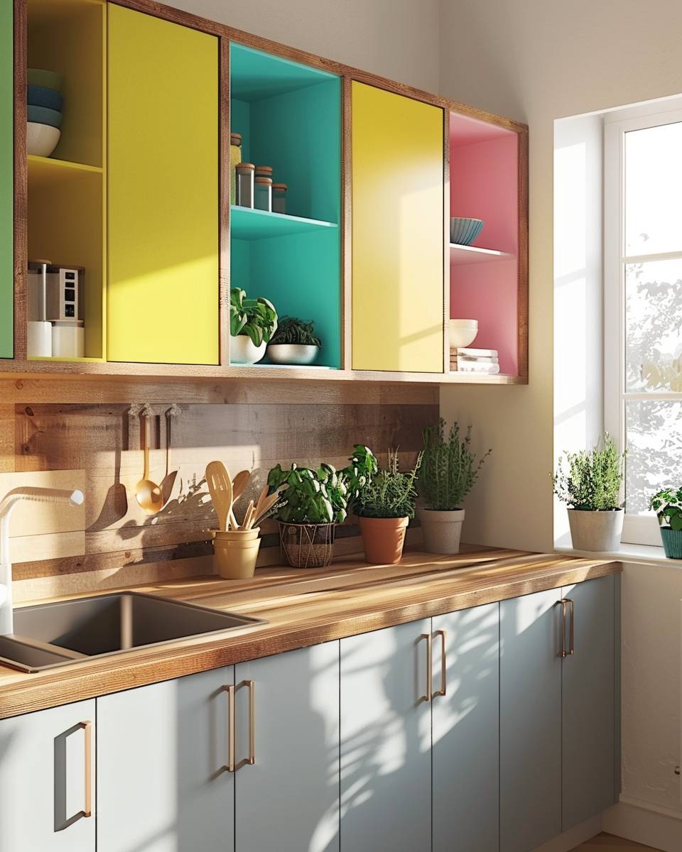 Ideen für farbenfrohe Küchen- Streiche Schrankinnenseiten in Knallfarben