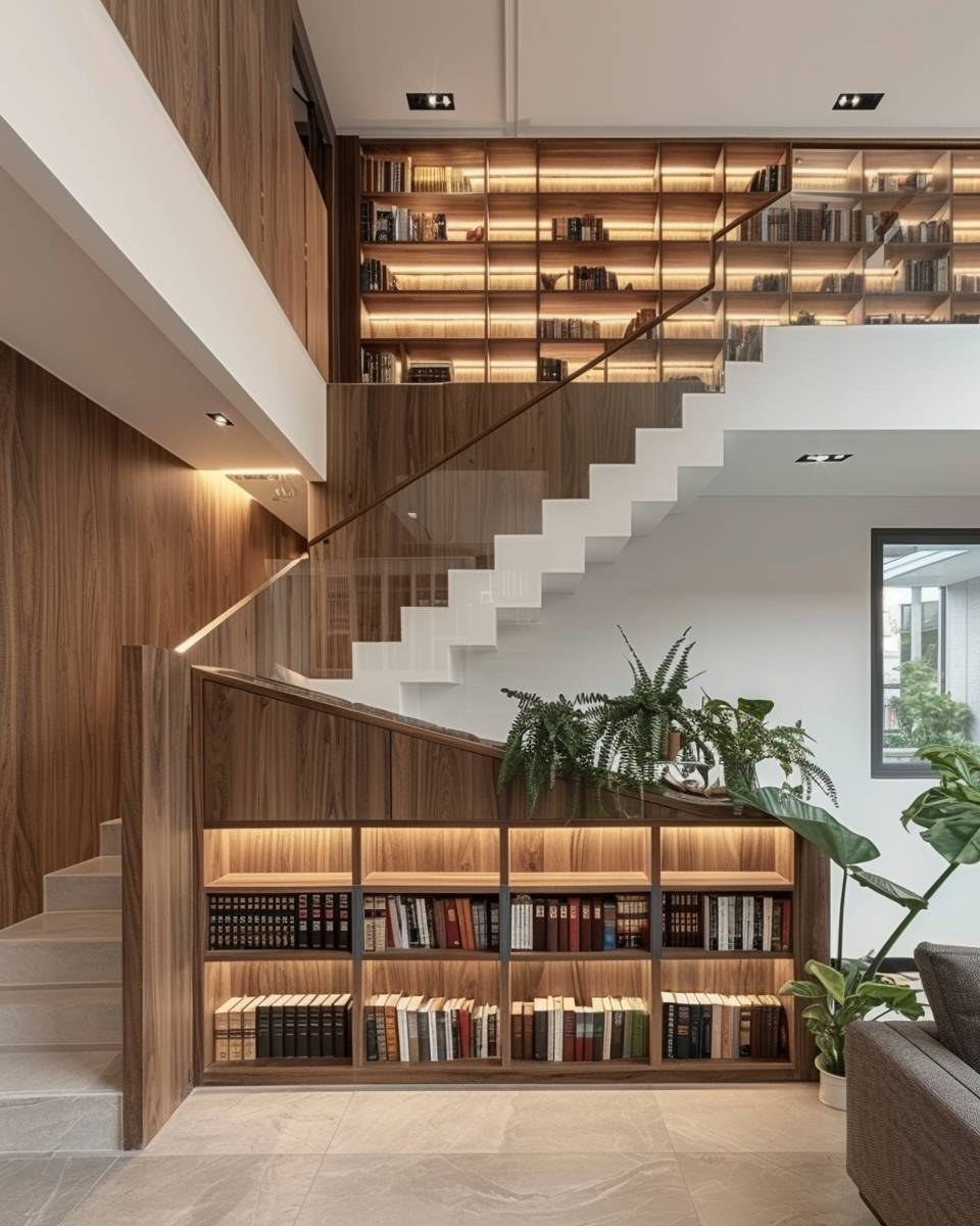 Ideen für kreative Treppengestaltung- Baue ein Bücherregal unter die Treppe