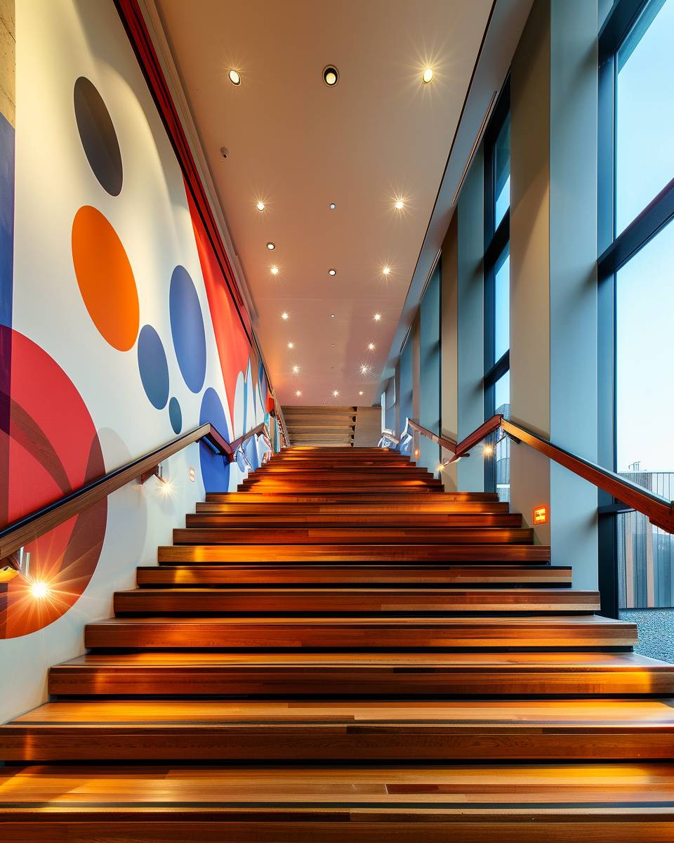 Ideen für kreative Treppengestaltung- Installiere auffällige Wandbilder neben der Treppe