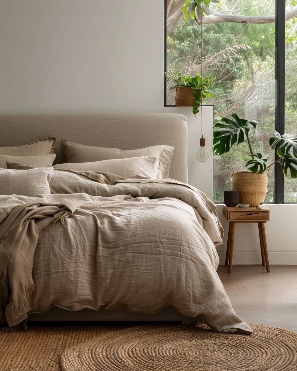 Schlafzimmer in Erdtönen einrichten- Ergänze das Kopfteil mit Leinenbezug