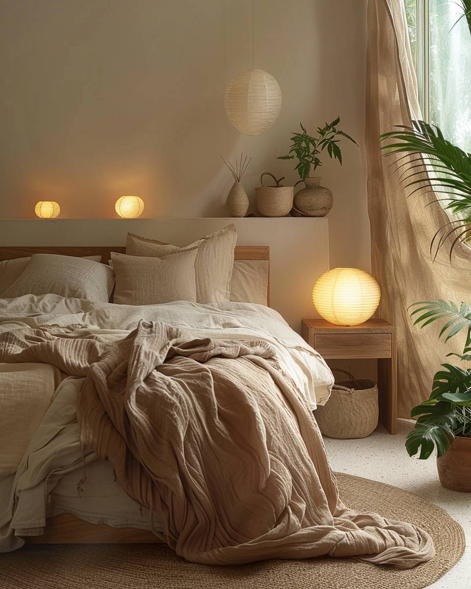Schlafzimmer in Erdtönen einrichten- Lasse sanftes Licht durch Papierlampen strahlen