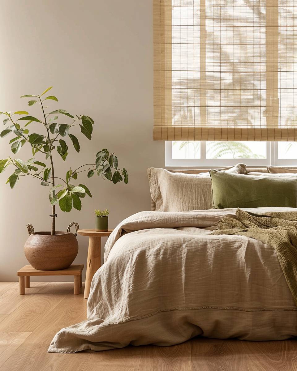 Schlafzimmer in Naturtönen gestalten- Ergänze Bambus-Rollos am Fenster