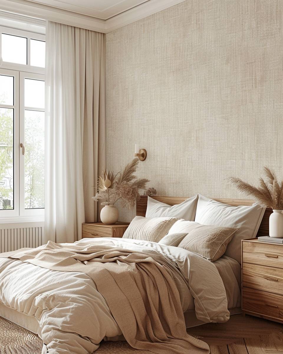 Schlafzimmer mit Tapete gestalten- Schaffe Gemütlichkeit mit Leinen-Optik-Tapeten
