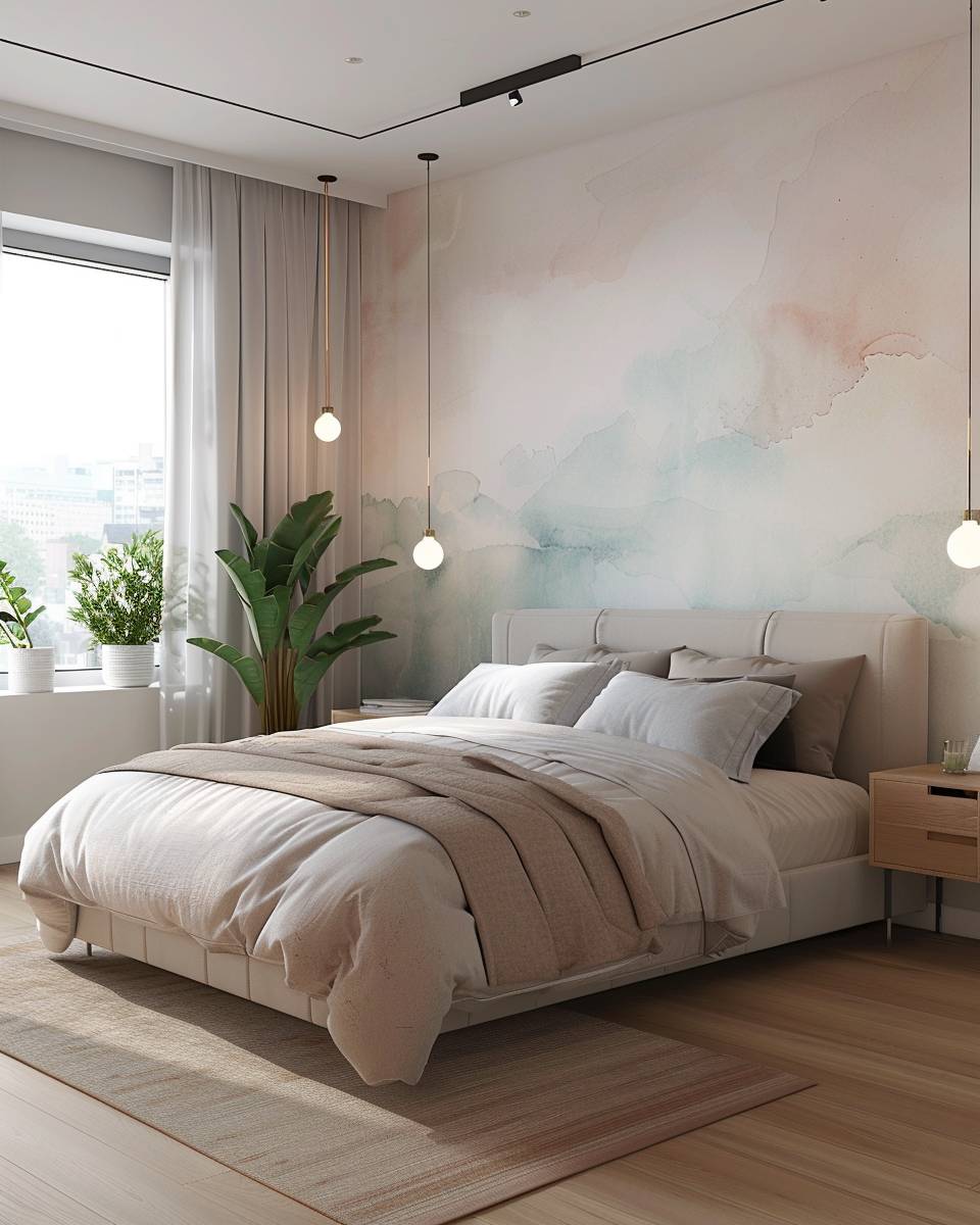 Schlafzimmer mit Tapete gestalten- Spiele mit Tapeten in Wasserfarben-Optik