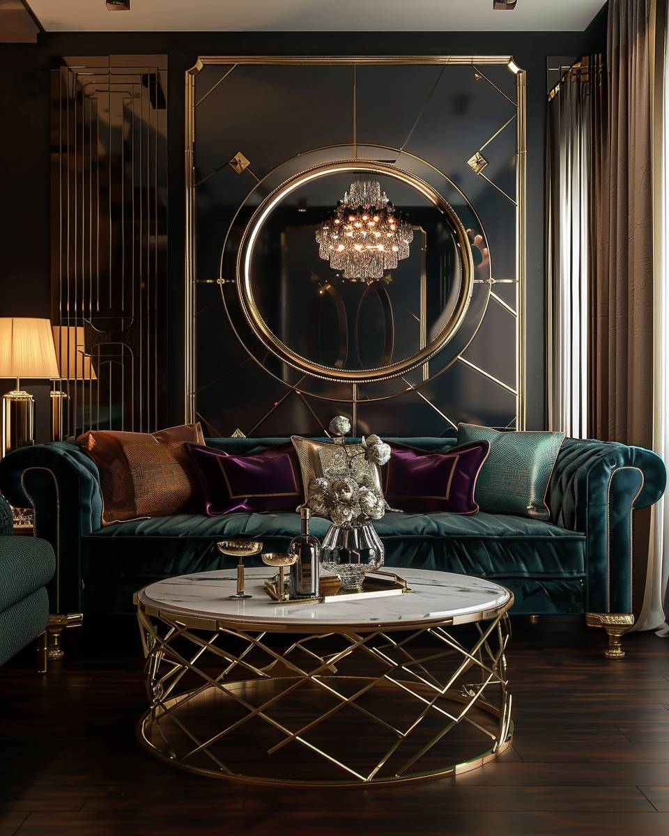 Wohnzimmer im Art-Deco-Stil- Ergänze glänzende Möbel aus Messing oder Chrom