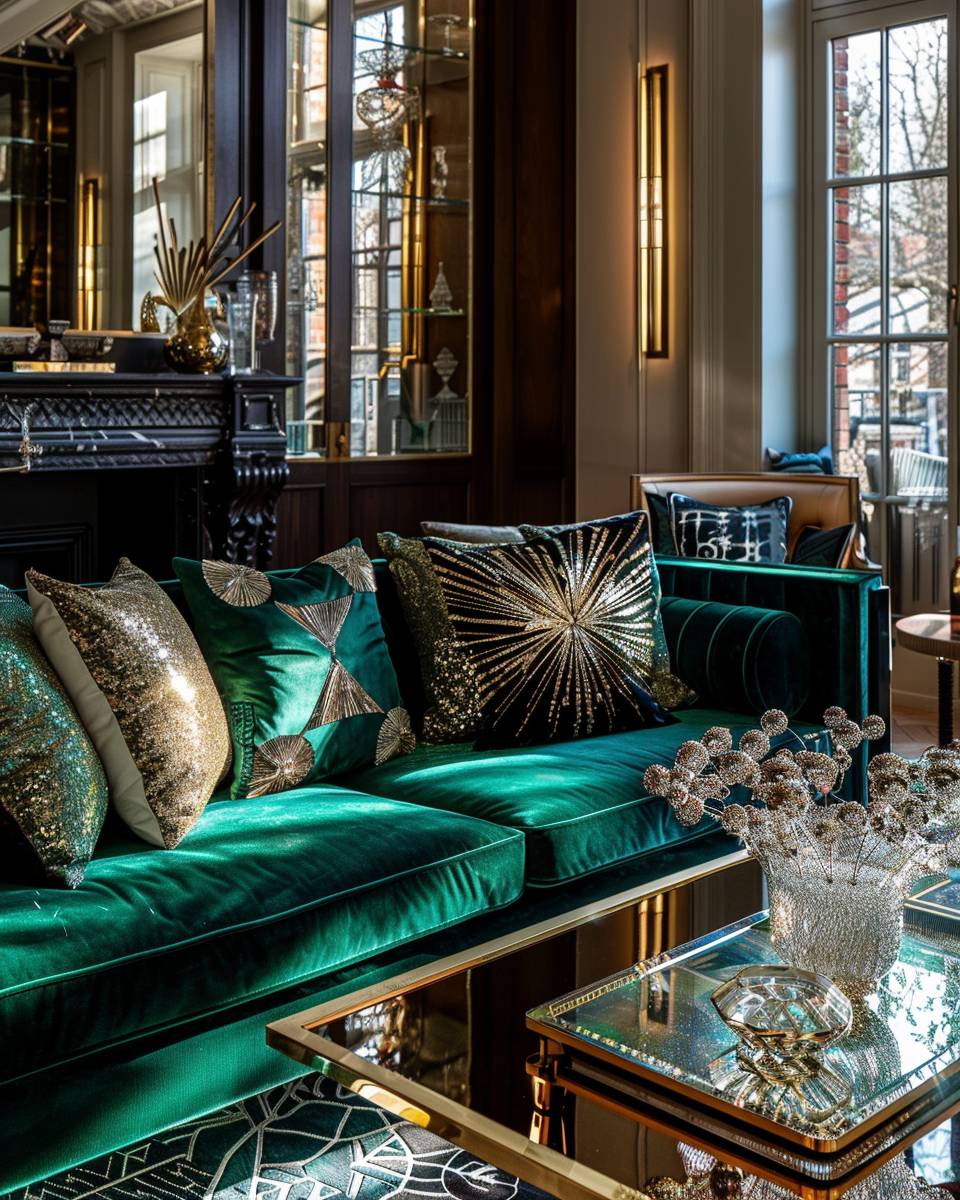 Wohnzimmer im Art-Deco-Stil- Verwende Kissen mit glitzernden Metallic-Applikationen