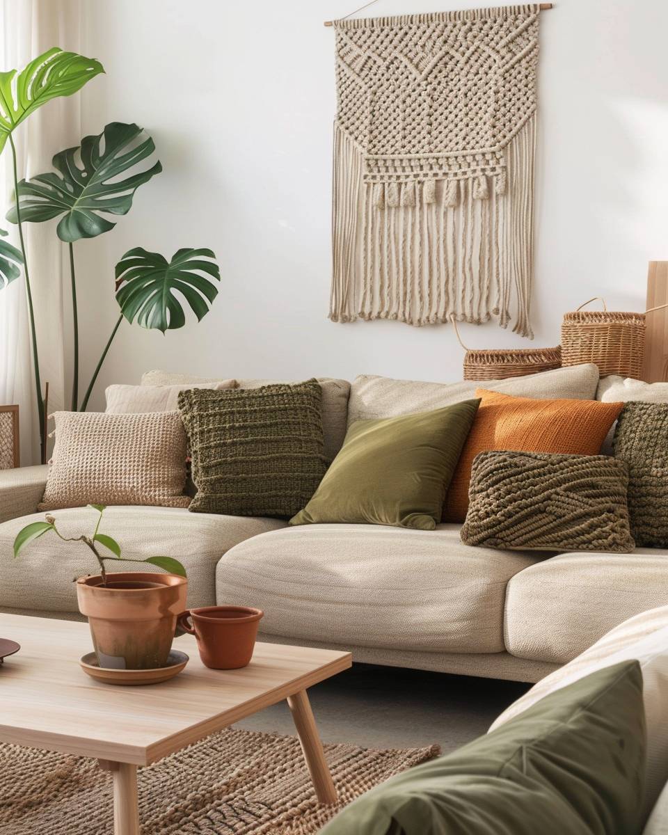 Wohnzimmer in Erdtönen einrichten- Hänge Makramee-Kunst als Wanddeko auf