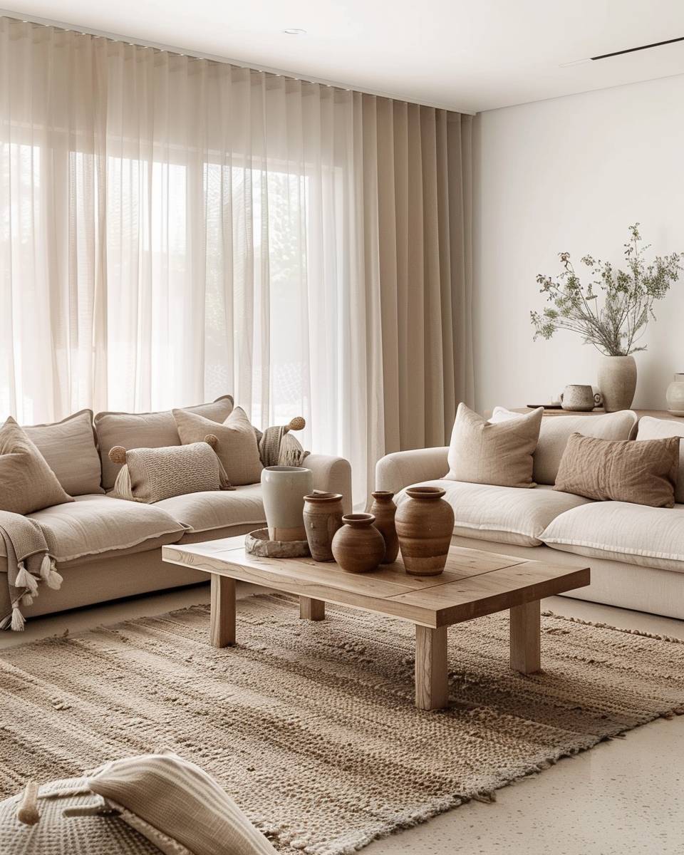 Wohnzimmer in Erdtönen einrichten- Kombiniere sanfte Sand- und Taupetöne miteinander