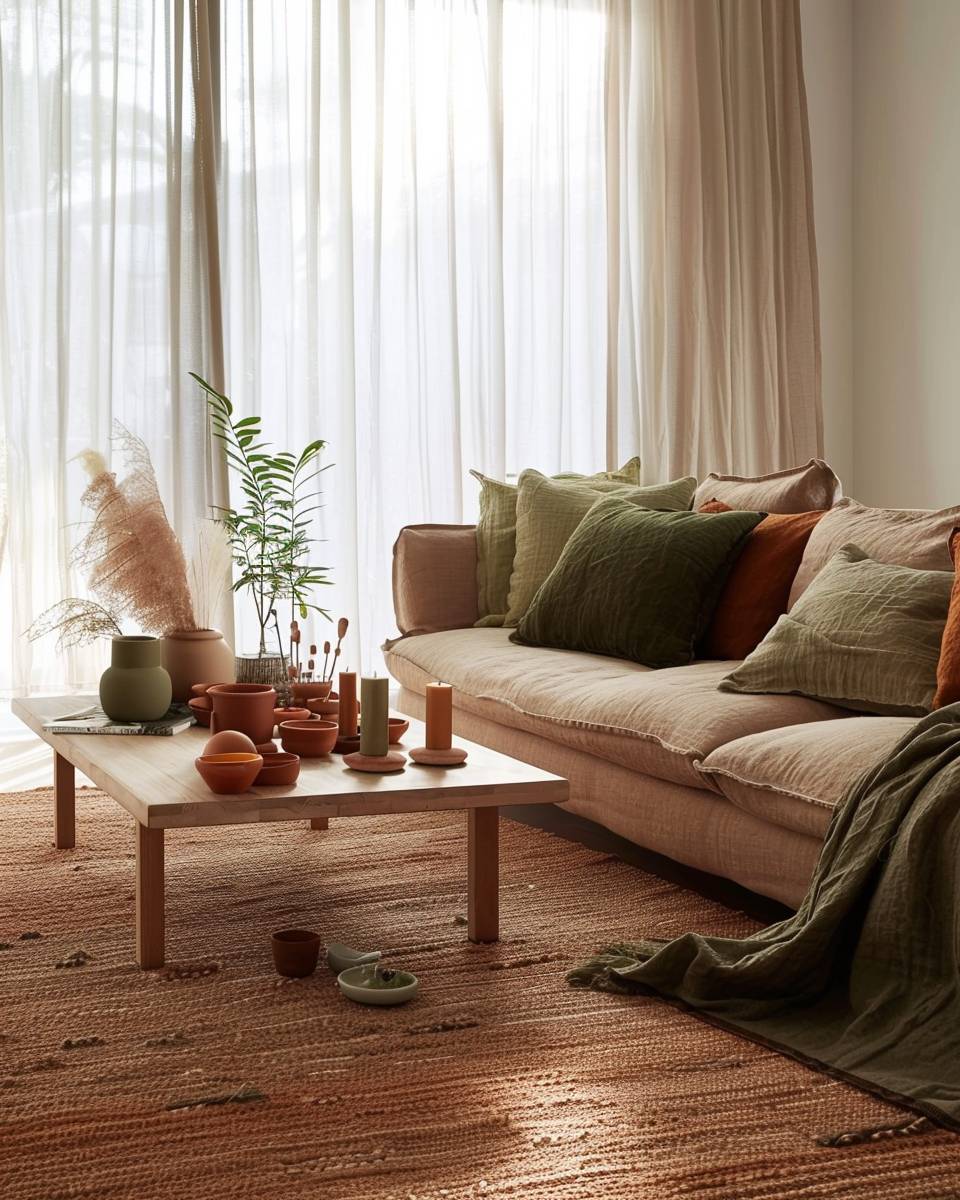 Wohnzimmer in Erdtönen einrichten- Platziere Duftkerzen mit Sandelholz-Aroma griffbereit