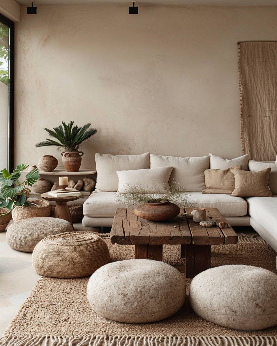 Wohnzimmer in Erdtönen einrichten- Positioniere Poufs aus Wolle als flexible Sitzgelegenheit