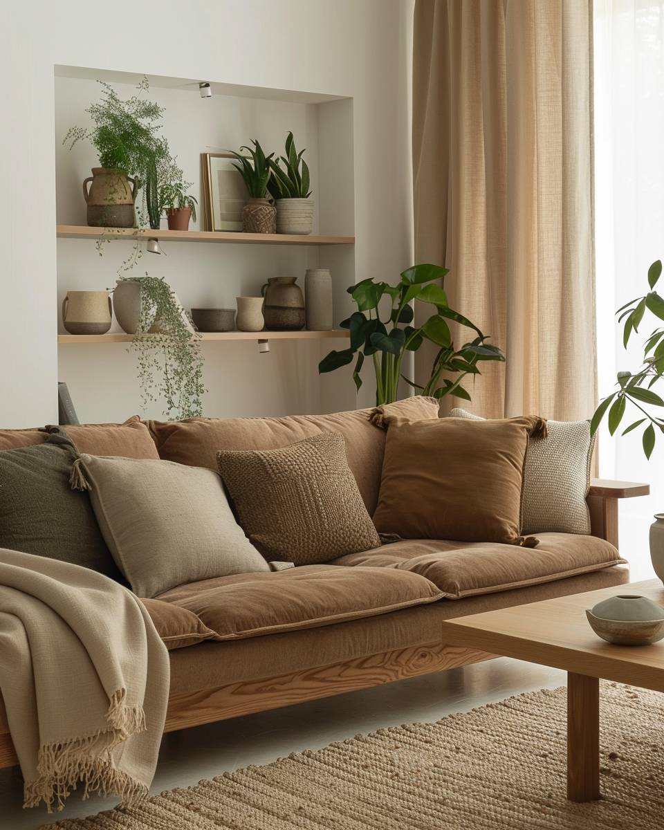 Wohnzimmer in Erdtönen einrichten- Streue Kissen in sanften Braun- und Beigetönen