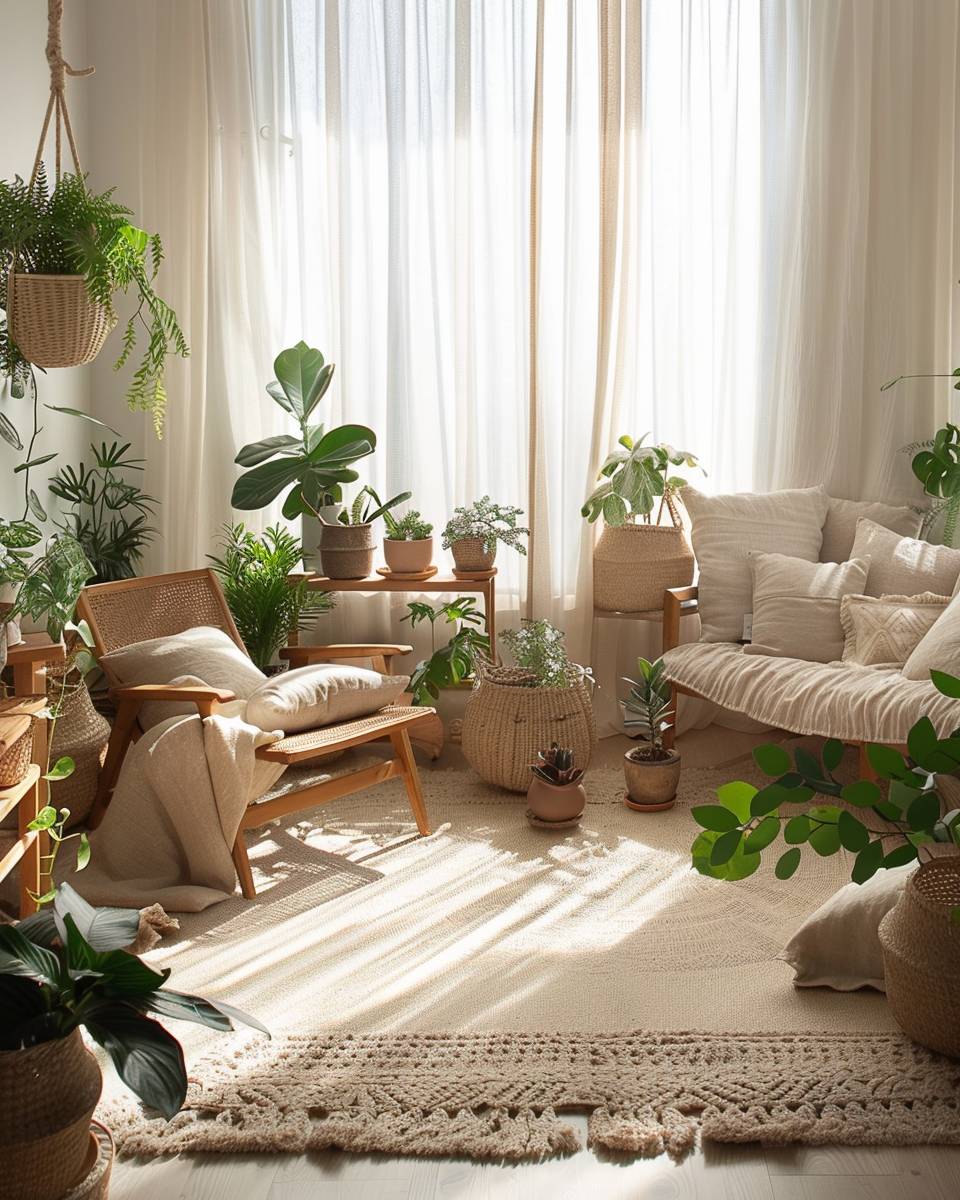 Wohnzimmer in Naturtönen gestalten: Ideen- Bringe Pflanzen unterschiedlicher Größen ins Zimmer