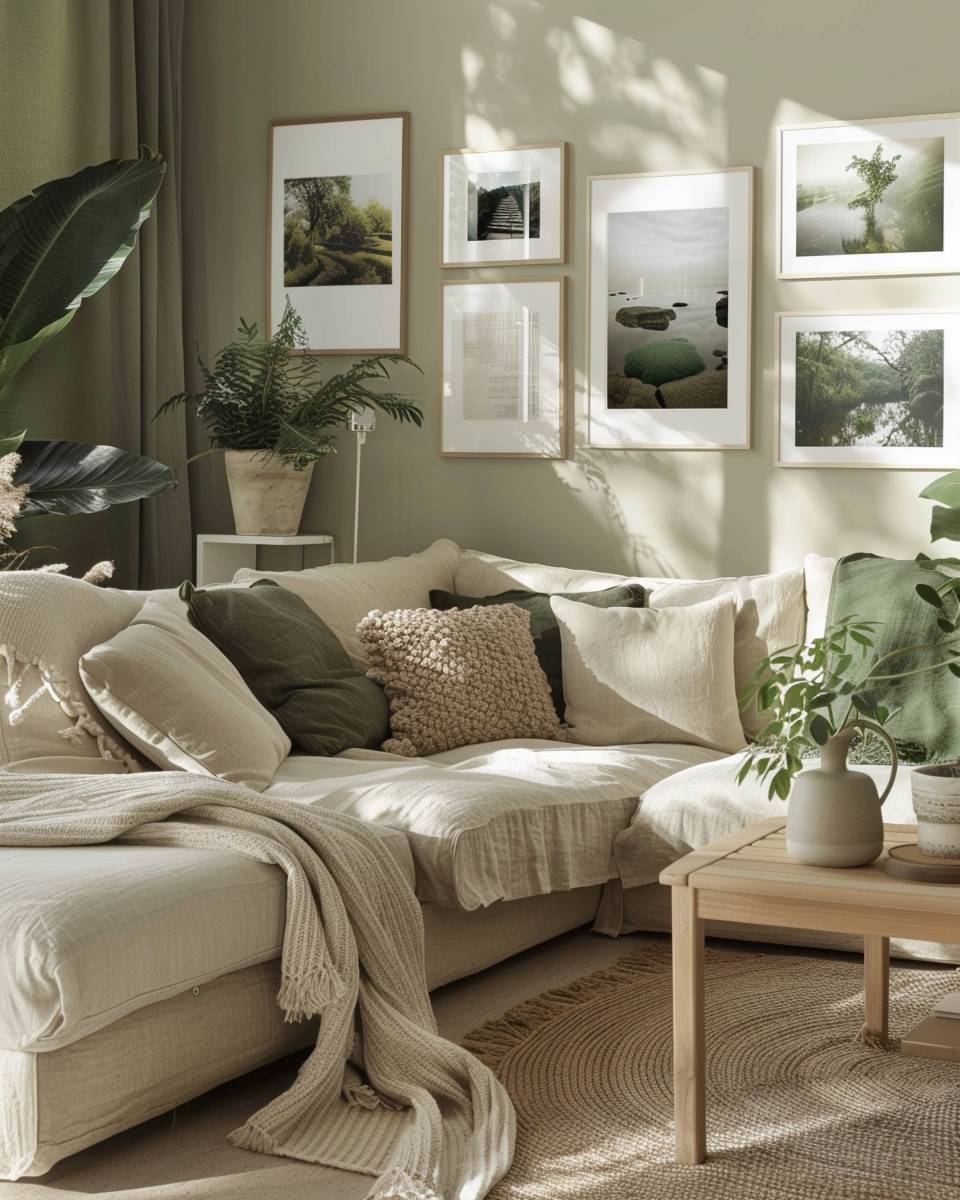 Wohnzimmer in Naturtönen gestalten: Ideen- Hänge Fotografien mit Naturmotiven an die Wand