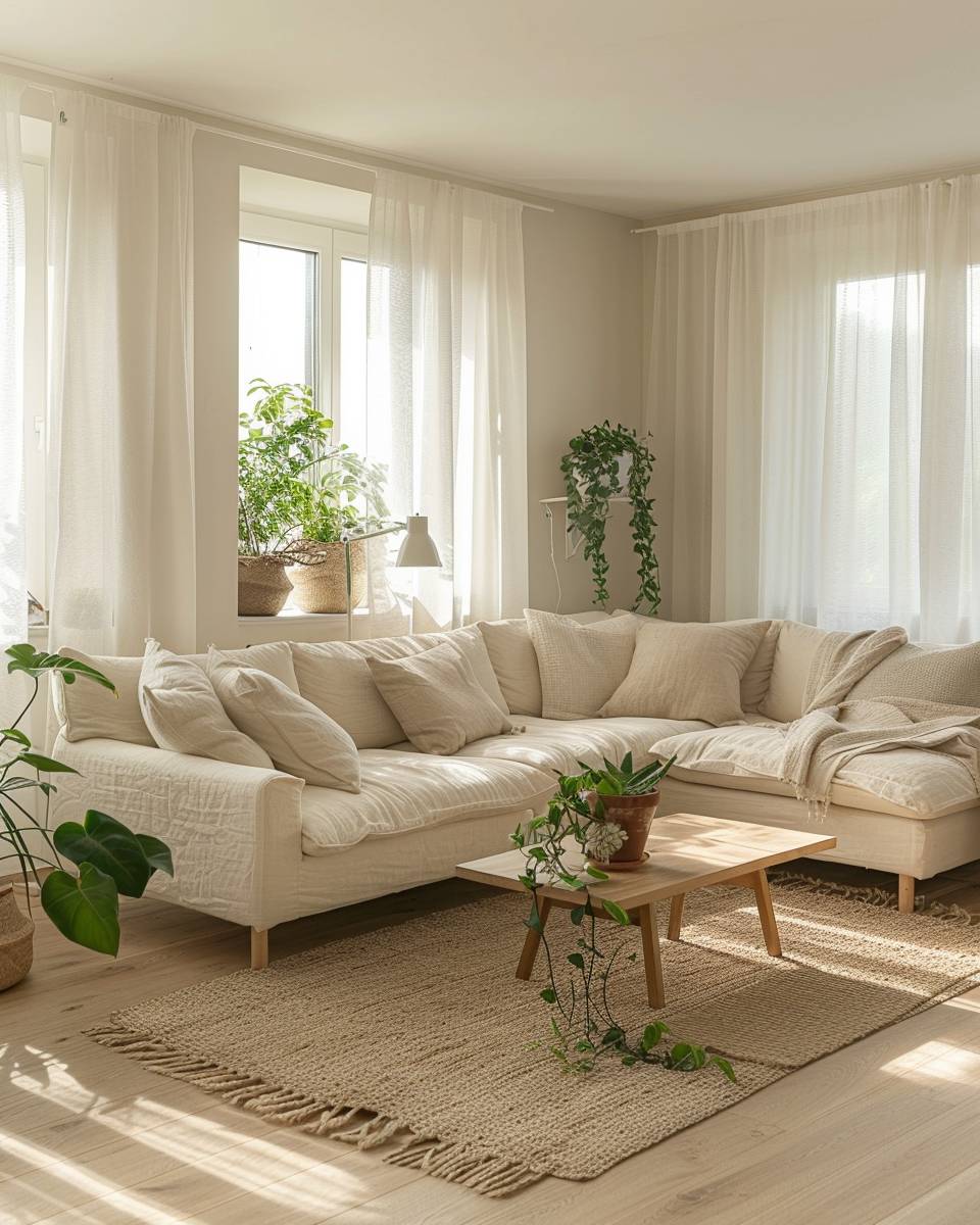 Wohnzimmer in Naturtönen gestalten: Ideen- Verwende transparente Gardinen für leichtes Raumgefühl