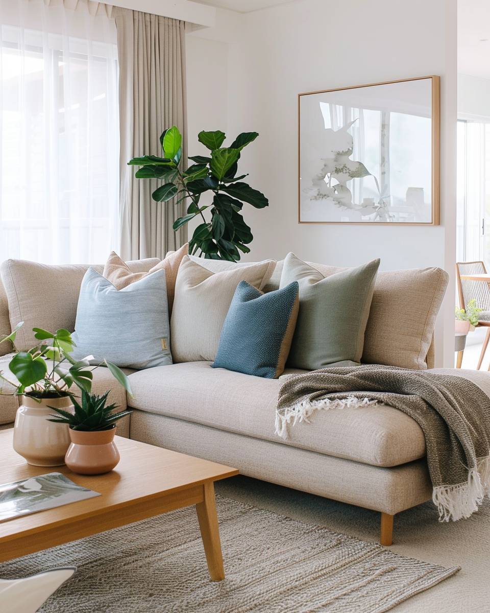 Wohnzimmer mit Ecksofa einrichten-Arrangiere Dekokissen in harmonischen Farbtönen