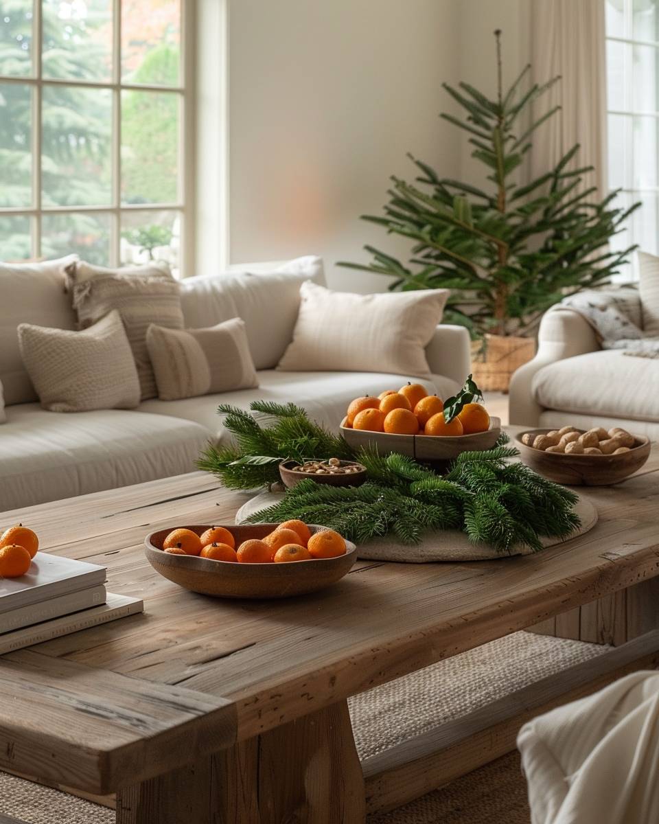Wohnzimmer weihnachtlich dekorieren- Fülle dekorative Schalen mit Nüssen und Mandarinen