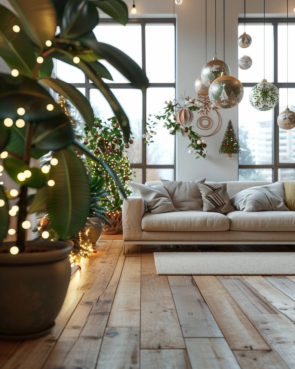 Wohnzimmer weihnachtlich dekorieren- Hänge handbemalte Weihnachtskugeln an Zimmerpflanzen