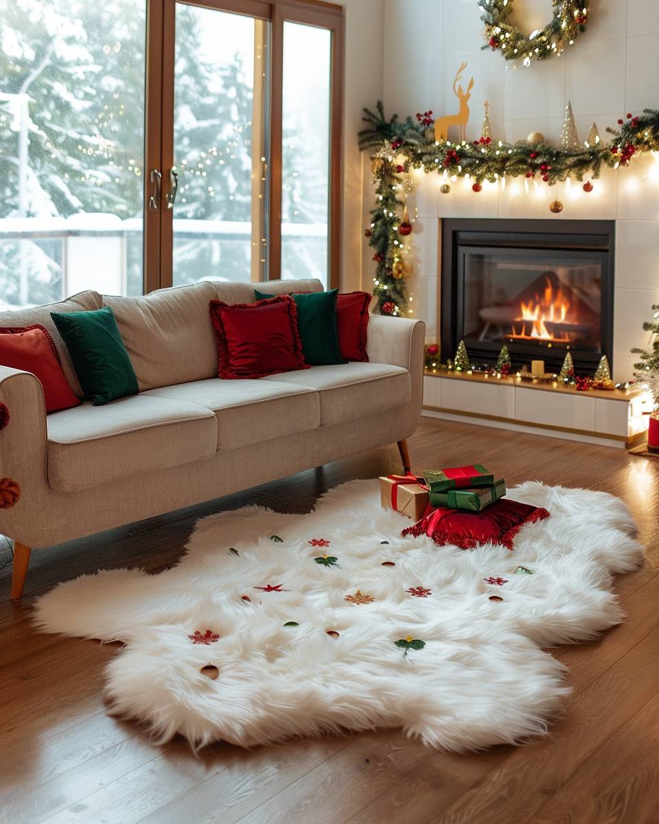 Wohnzimmer weihnachtlich dekorieren- Lege ein Kunstfell-Teppich für Winter-Feeling aus