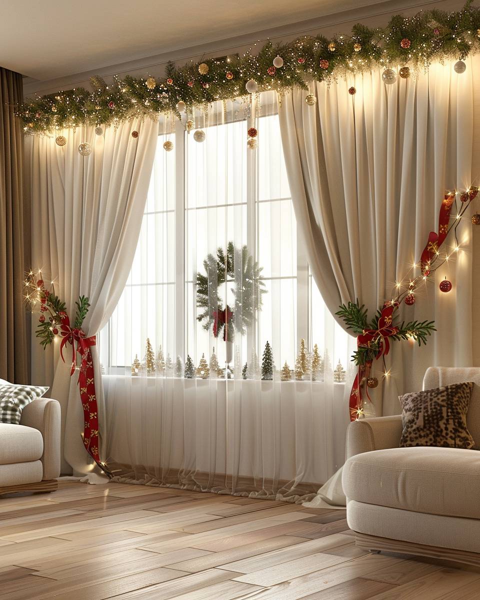 Wohnzimmer weihnachtlich dekorieren- Raffe elegante Vorhänge mit festlichen Bändern zusammen