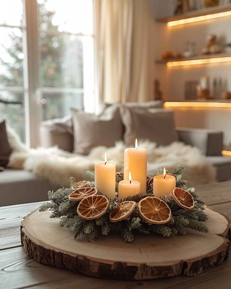 Adventskranz-Ideen- Arrangiere getrocknete Orangenscheiben als Highlight