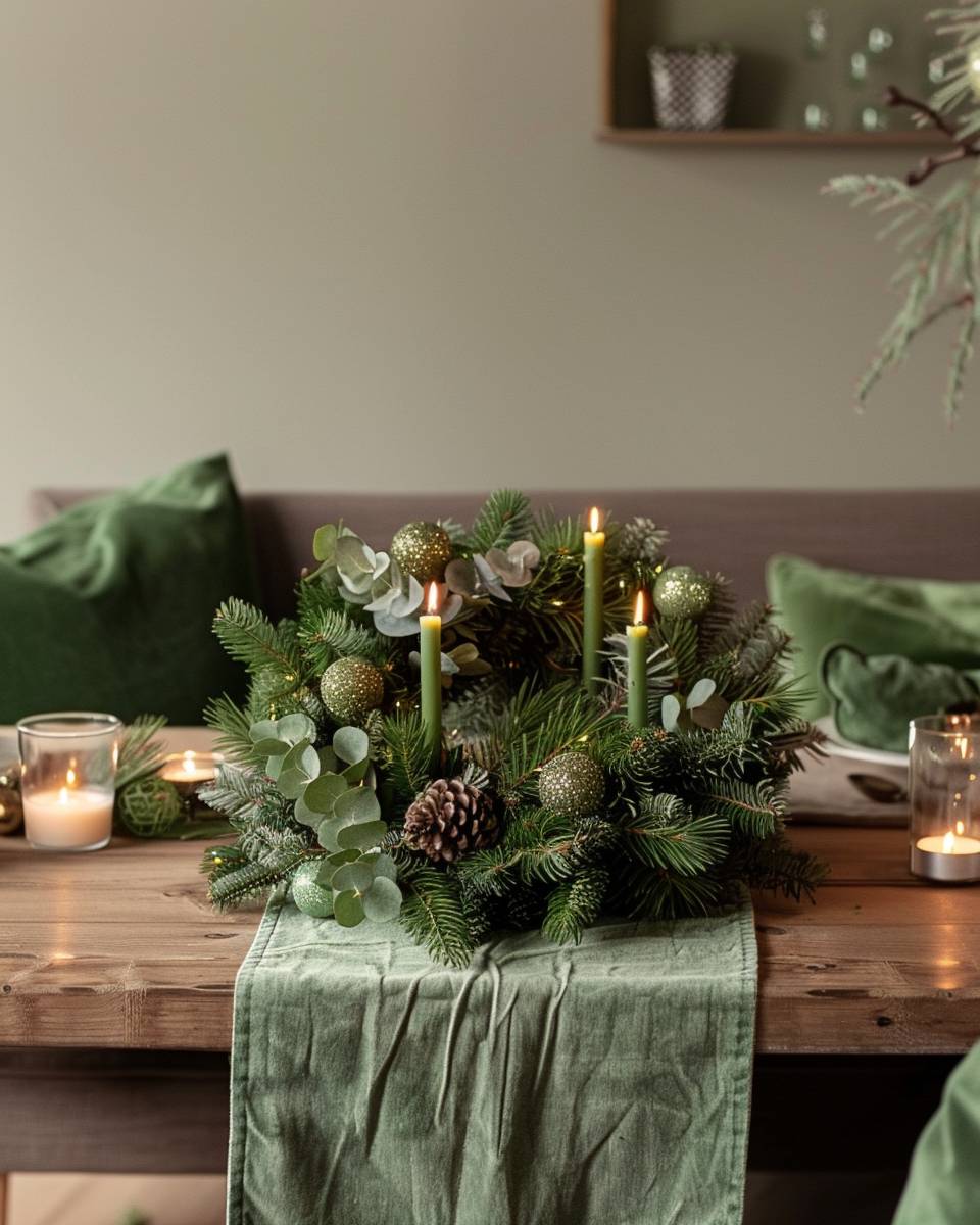 Adventskranz-Ideen- Kombiniere verschiedene Grüntöne für Lebendigkeit