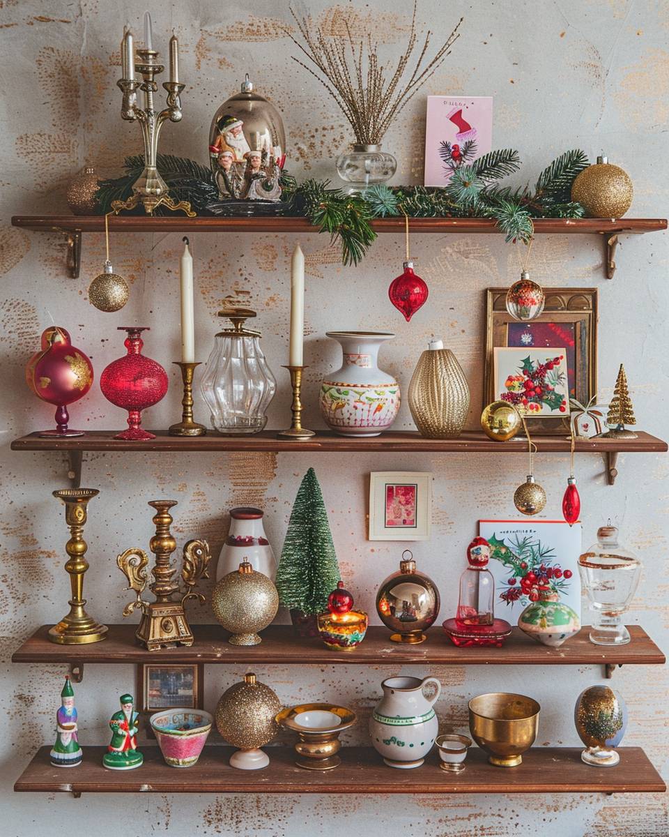 Dekotrends Weihnachten 2024- Arrangiere Vintage-Fundstücke stilvoll auf Regalen