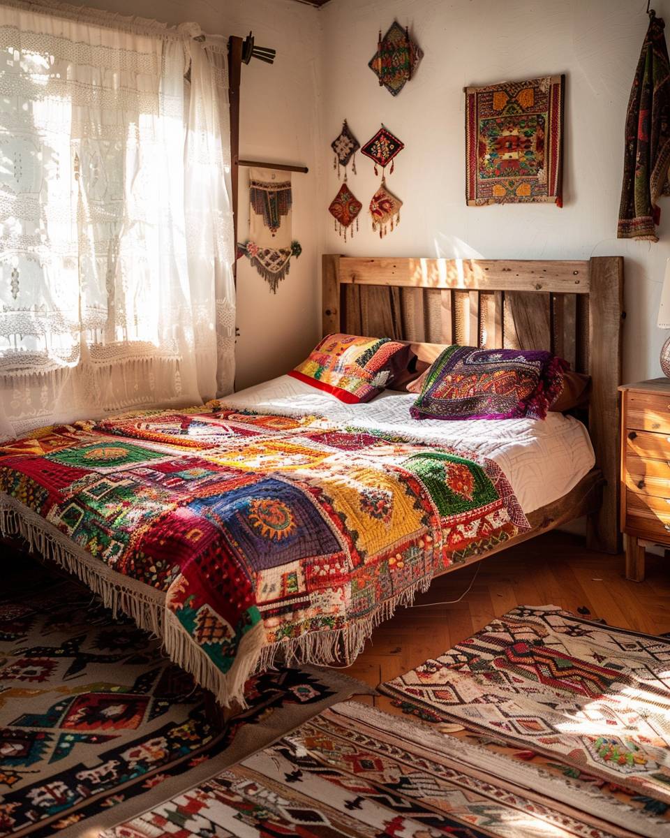 Einrichtungsideen: Folklore-Stil- Arrangiere Patchwork-Decken auf dem Bett