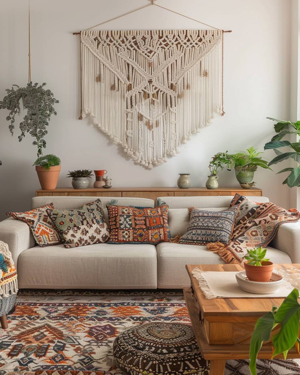 Einrichtungsideen: Folklore-Stil- Hänge Makramee-Arbeiten über dein Sofa