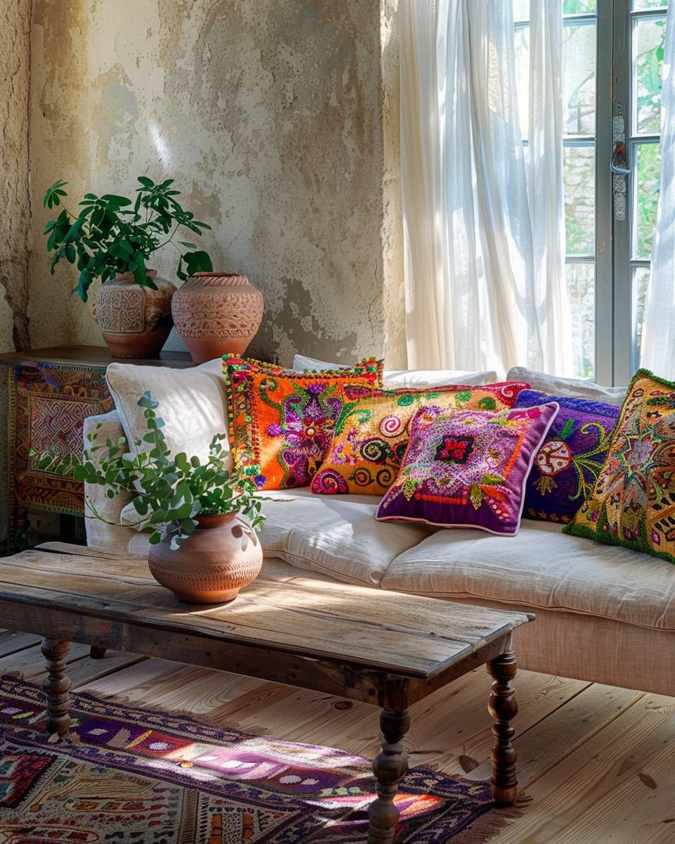 Einrichtungsideen: Folklore-Stil- Integriere bestickte Kissen in kräftigen Farben