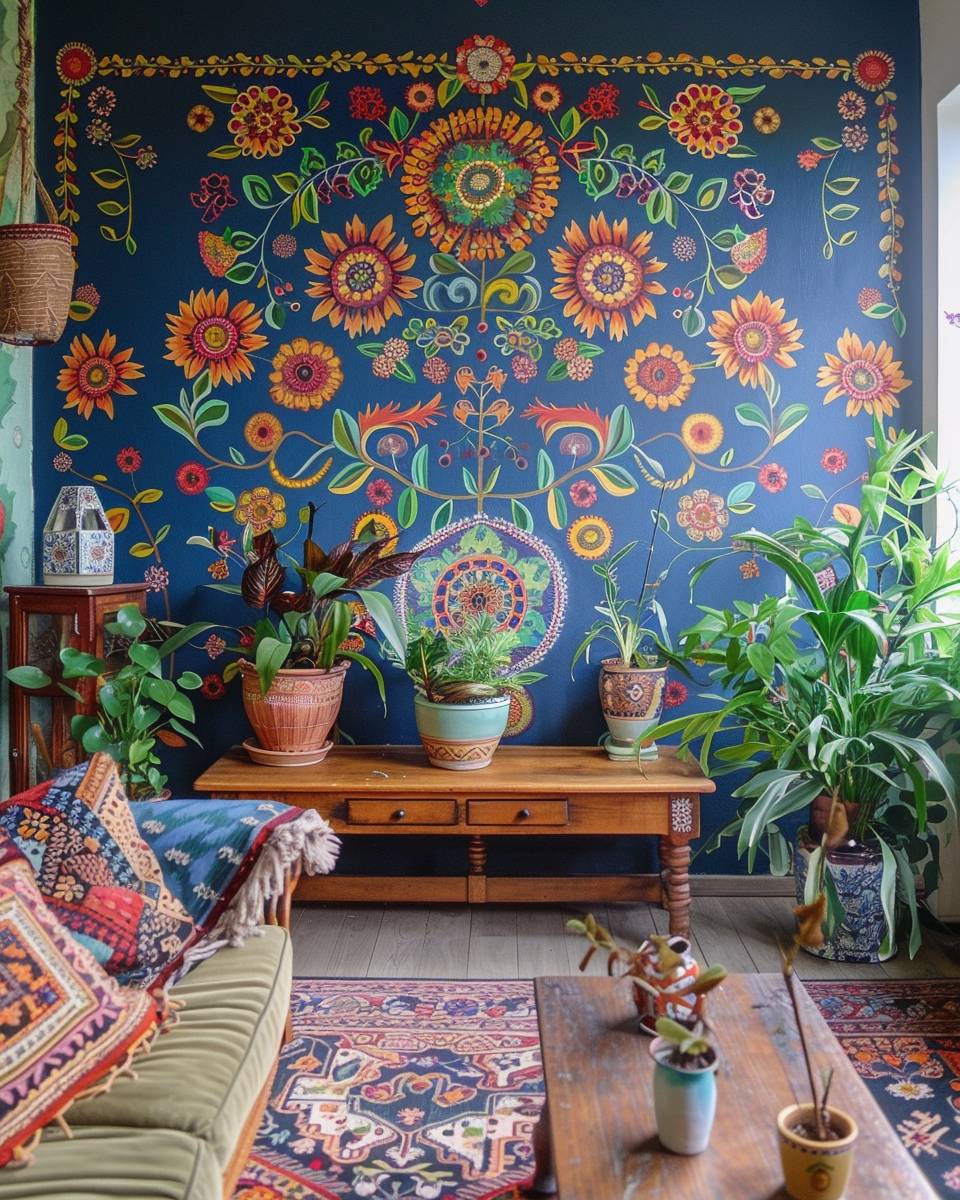 Einrichtungsideen: Folklore-Stil- Male eine Akzentwand mit folkloristischen Blumenmustern