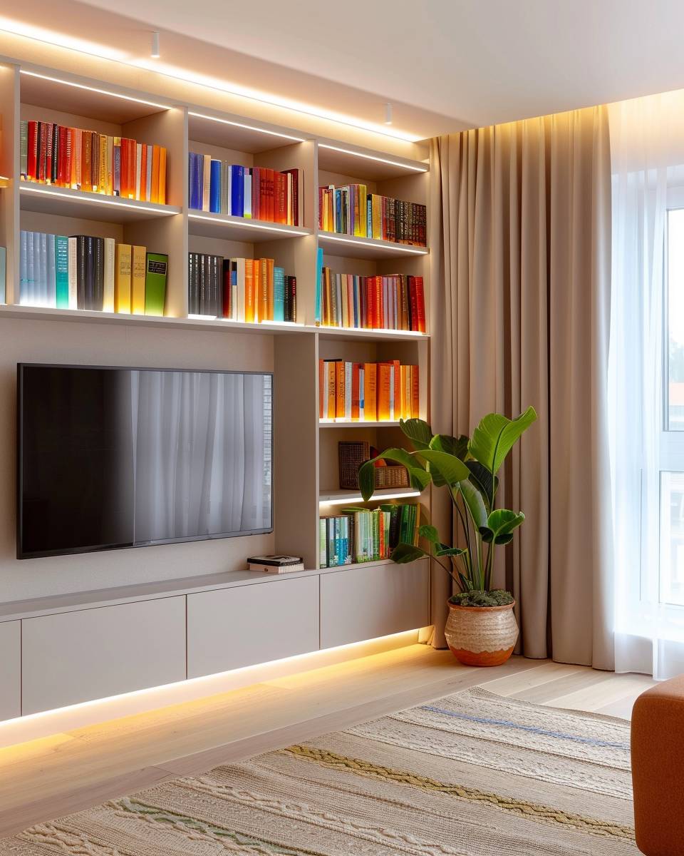 Fernsehwand im Wohnzimmer gestalten- Arrangiere Bücher ansprechend neben dem Fernseher