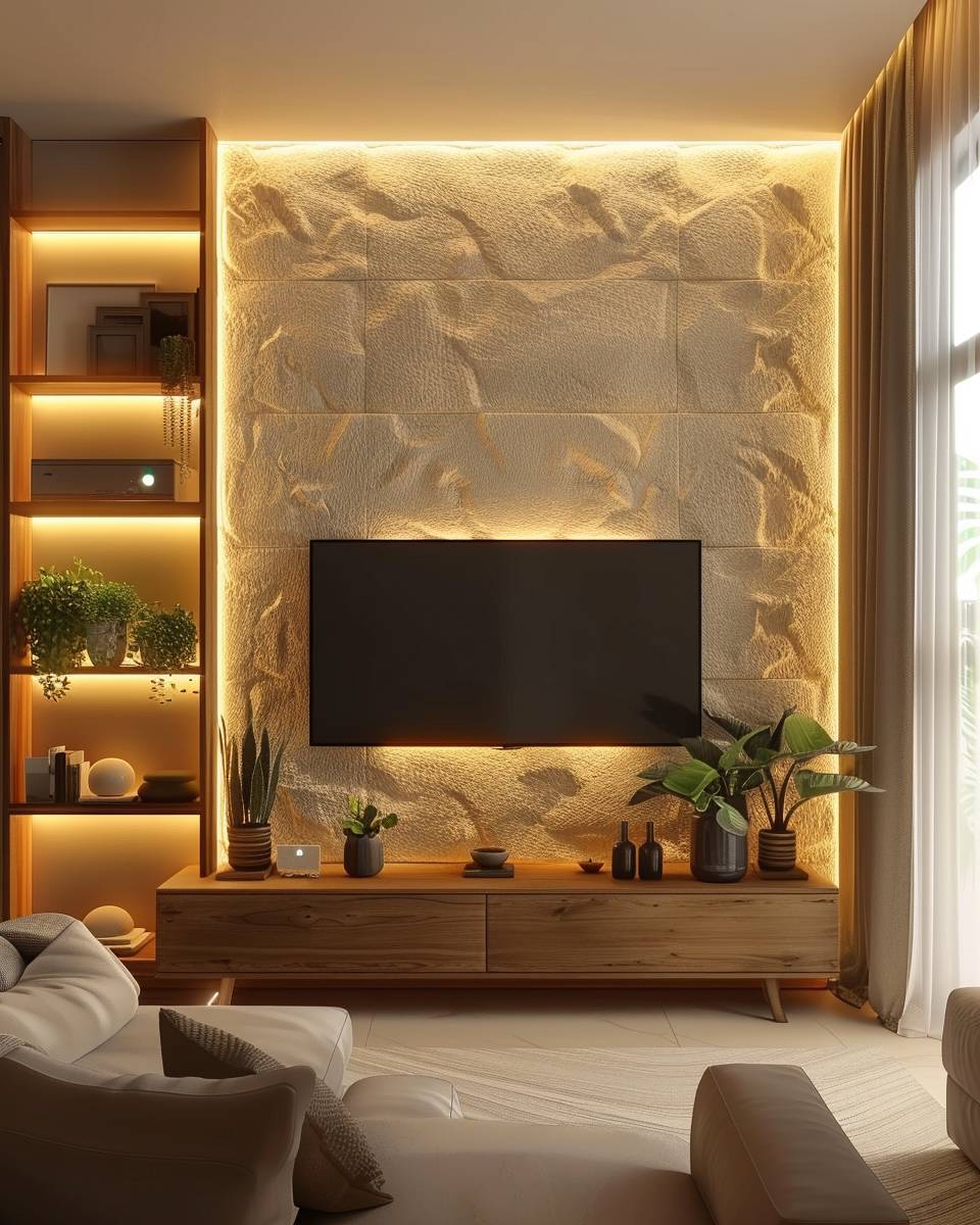 Fernsehwand im Wohnzimmer gestalten- Beleuchte die Wand mit indirektem Licht