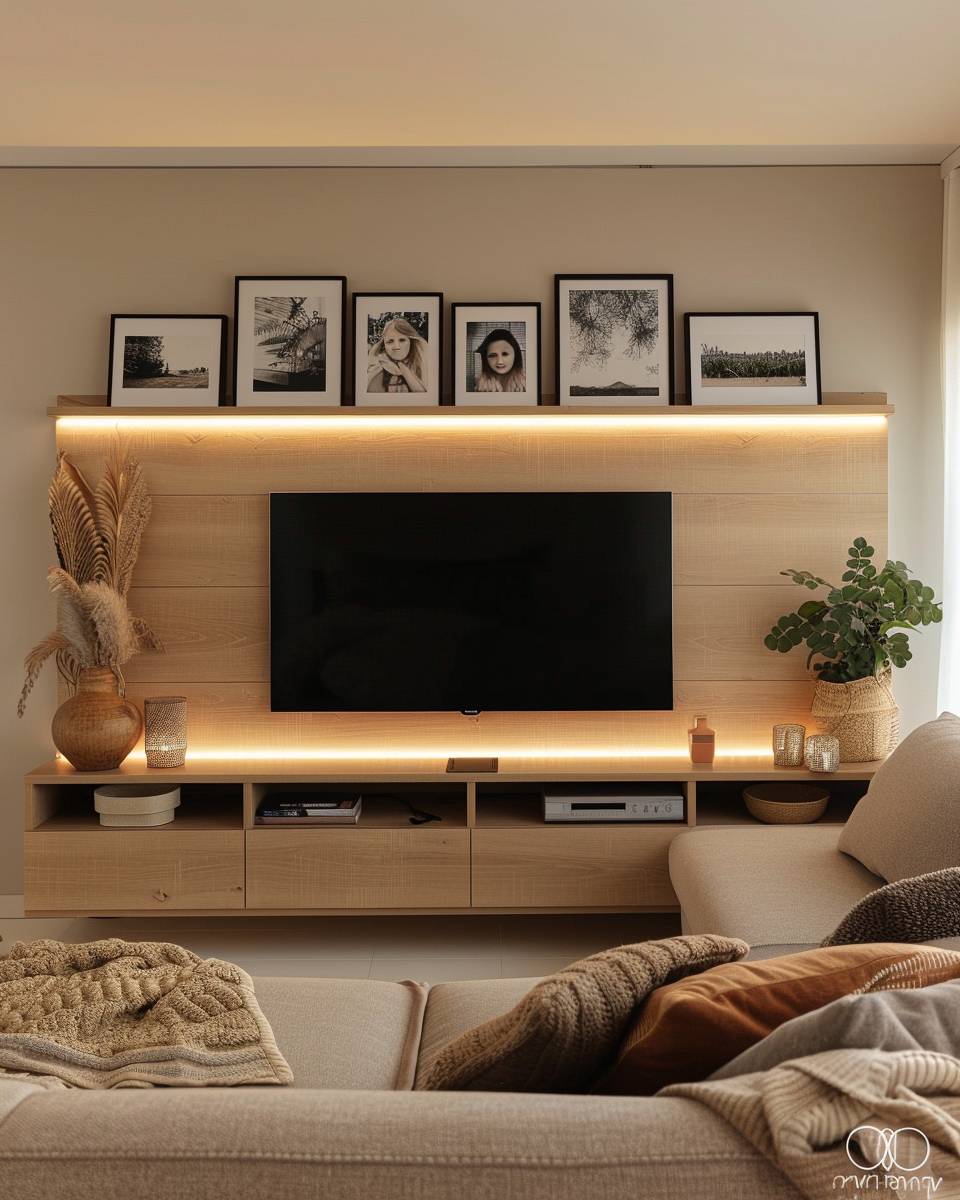 Fernsehwand im Wohnzimmer gestalten- Dekoriere mit persönlichen Fotos in Rahmen