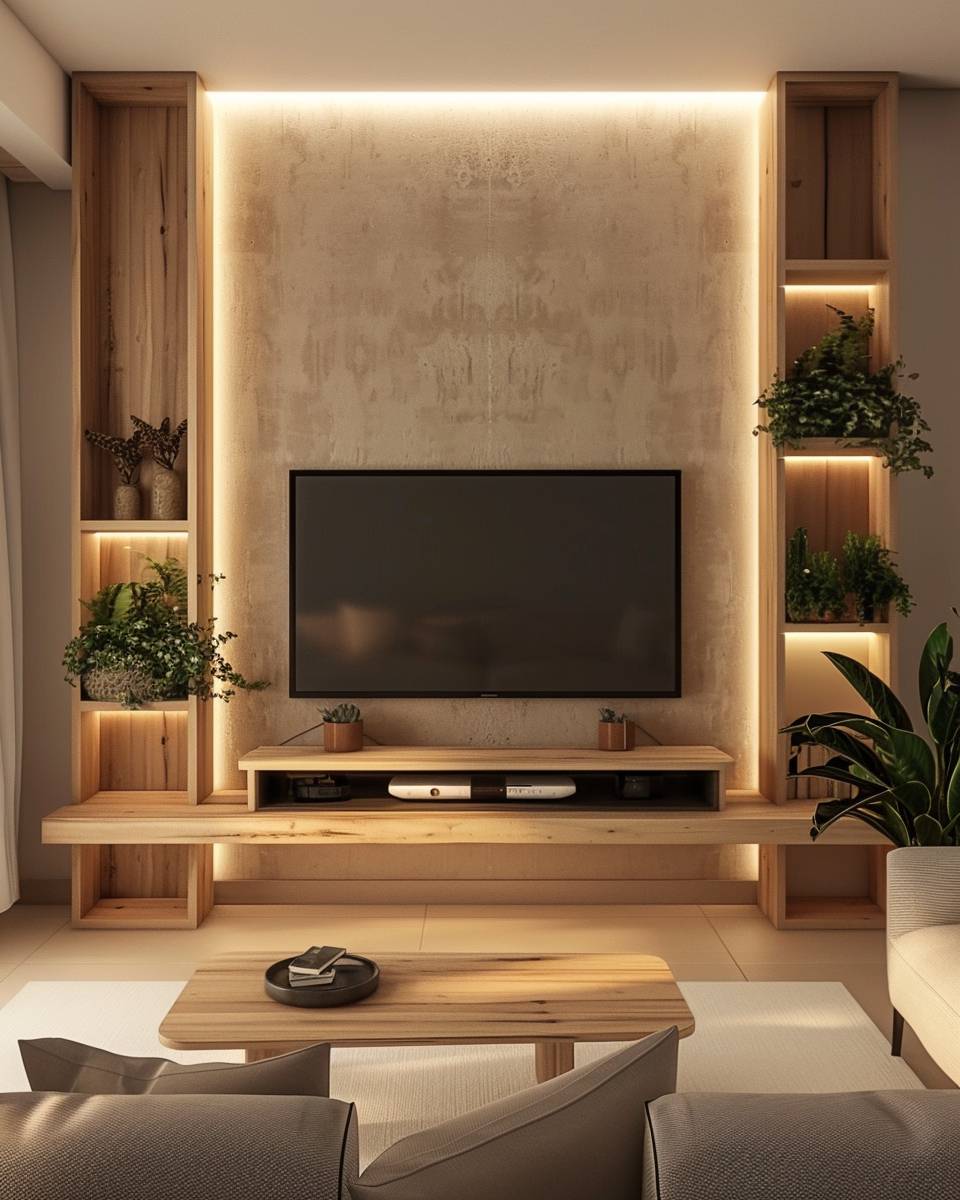Fernsehwand im Wohnzimmer gestalten- Hänge Regale seitlich für zusätzlichen Stauraum