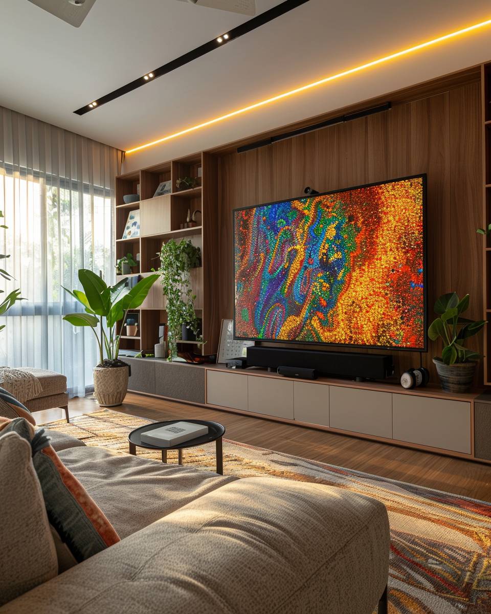 Fernsehwand im Wohnzimmer gestalten- Hänge ein großes Wandbild neben den TV