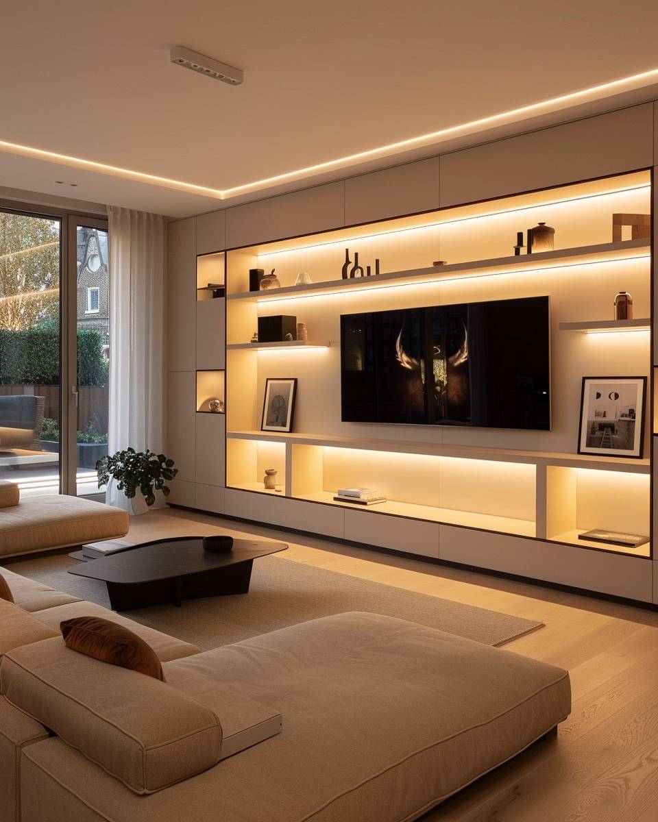 Fernsehwand im Wohnzimmer gestalten- Integriere stilvolle LED-Leisten für Akzente