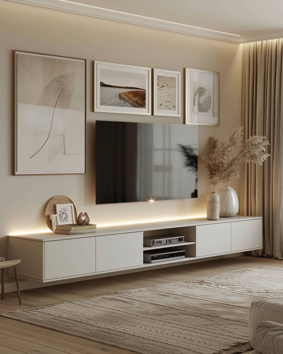 Fernsehwand im Wohnzimmer gestalten- Präsentiere eine Galerie mit Kunstbildern